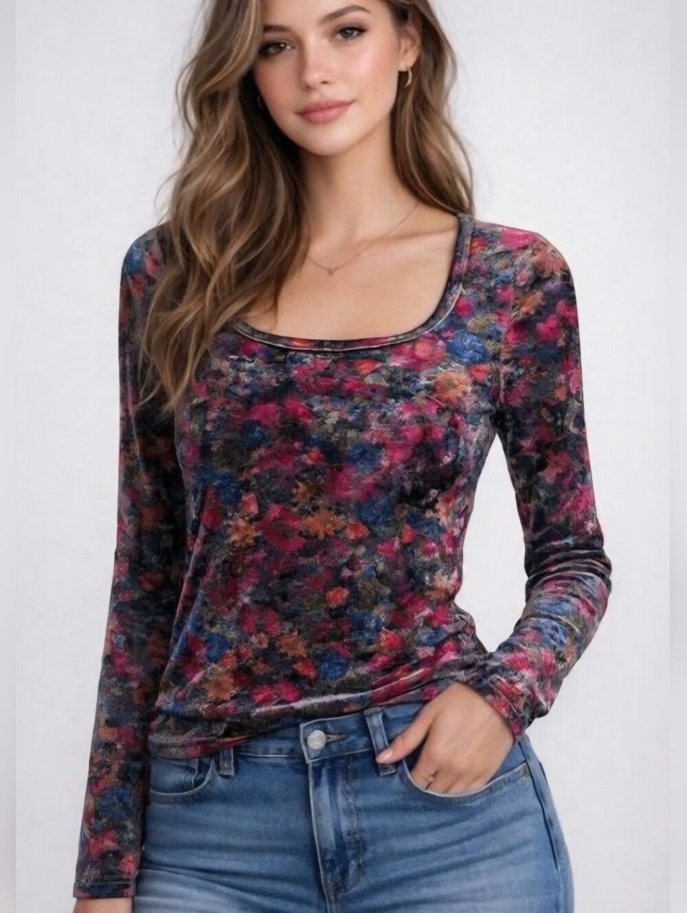 NATURAL LIFE Danielle Square Neck Floral Velvet Long Sleeve Top Boho Prairie M